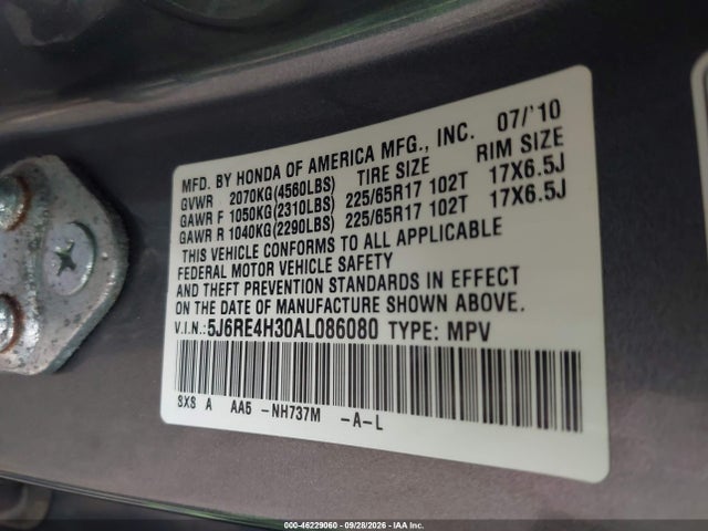 46229060 :رقم المزاد ، 5J6RE4H30AL086080 vin ، 2010 Honda Cr-v Lx مزاد بيع