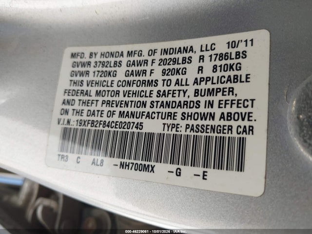 2012 Honda Civic Ex მანქანა იყიდება აუქციონზე, vin: 19XFB2F84CE020745, აუქციონის ნომერი: 46229061