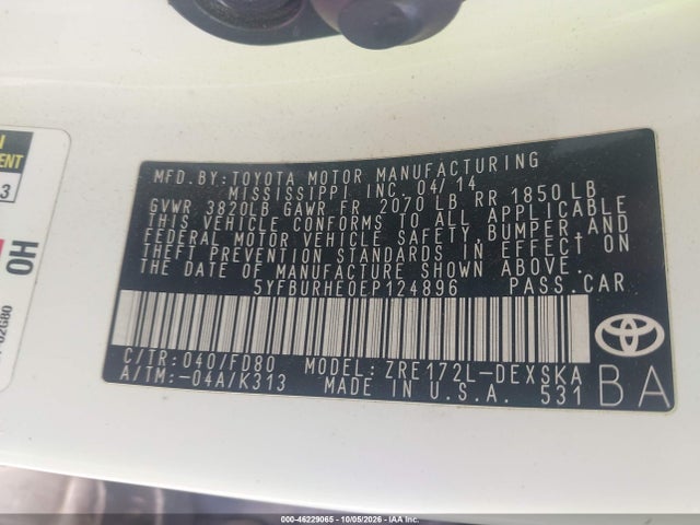 Продажа на аукционе авто 2014 Toyota Corolla L/le/le Pls/prm/s/s Pls, vin: 5YFBURHE0EP124896, номер лота: 46229065