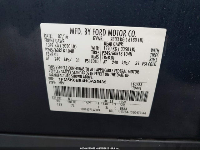 46229067 :رقم المزاد ، 1FM5K8B84HGA25435 vin ، 2017 Ford Explorer مزاد بيع