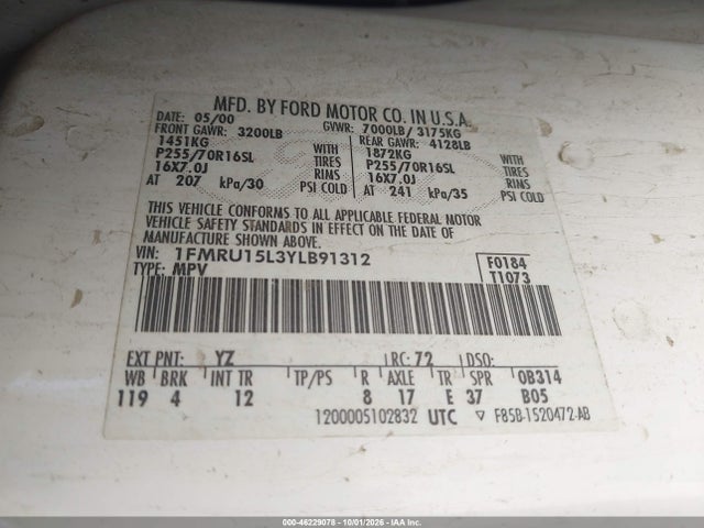 Aukcja sprzedaży 2000 Ford Expedition Xlt, vin: 1FMRU15L3YLB91312, numer aukcji: 46229078