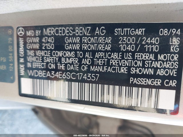 46229098 :رقم المزاد ، WDBEA34E6SC174357 vin ، 1995 Mercedes-benz E 420 Base/420 Special مزاد بيع