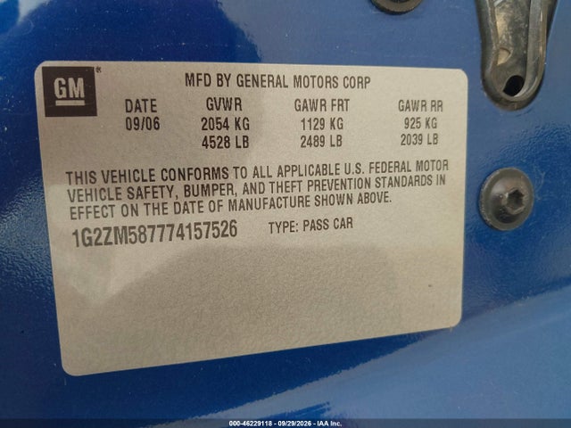 46229118 :رقم المزاد ، 1G2ZM587774157526 vin ، 2007 Pontiac G6 Gtp مزاد بيع
