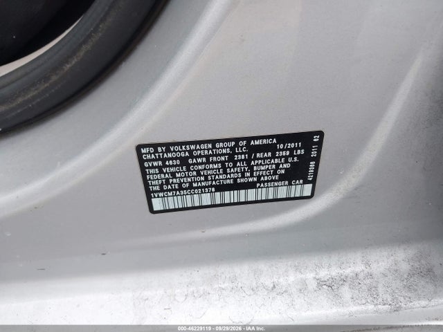 2012 Volkswagen Passat 3.6l V6 Sel Premium მანქანა იყიდება აუქციონზე, vin: 1VWCM7A35CC021378, აუქციონის ნომერი: 46229119