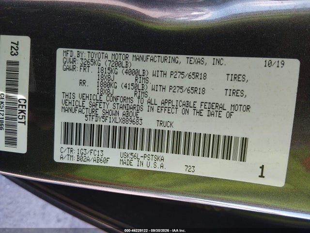 46229122 :رقم المزاد ، 5TFDY5F1XLX889683 vin ، 2020 Toyota Tundra Sr5 مزاد بيع