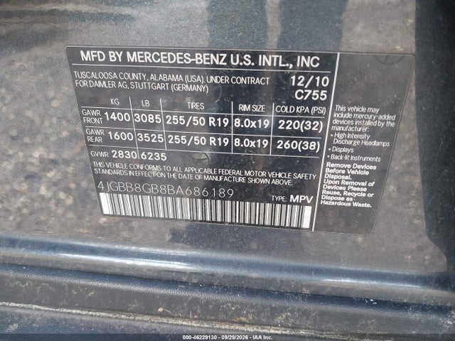 Продаж на аукціоні авто 2011 Mercedes-benz Ml 350 4matic, vin: 4JGBB8GB8BA686189, номер лоту: 46229130