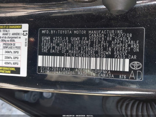 2009 Toyota Matrix S მანქანა იყიდება აუქციონზე, vin: 2T1LE40E69C001299, აუქციონის ნომერი: 46229139