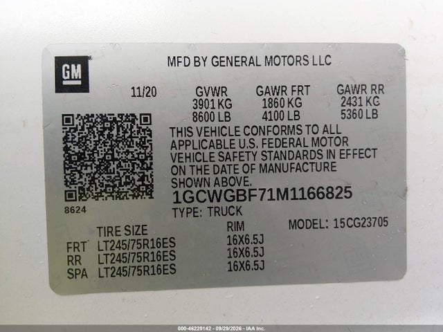 Продаж на аукціоні авто 2021 Chevrolet Express Cargo Rwd 2500 Extended Wheelbase Wt, vin: 1GCWGBF71M1166825, номер лоту: 46229142
