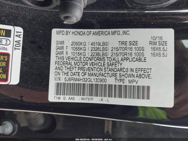 2016 Honda Cr-v Lx მანქანა იყიდება აუქციონზე, vin: 5J6RM4H32GL133900, აუქციონის ნომერი: 46229144