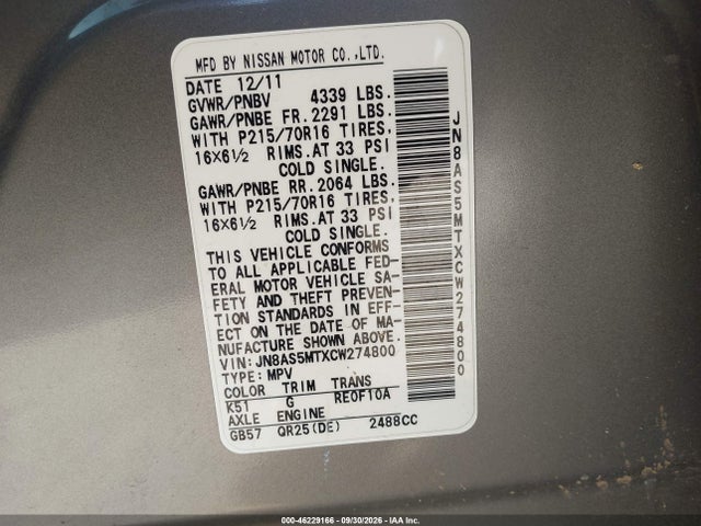 2012 Nissan Rogue S მანქანა იყიდება აუქციონზე, vin: JN8AS5MTXCW274800, აუქციონის ნომერი: 46229166
