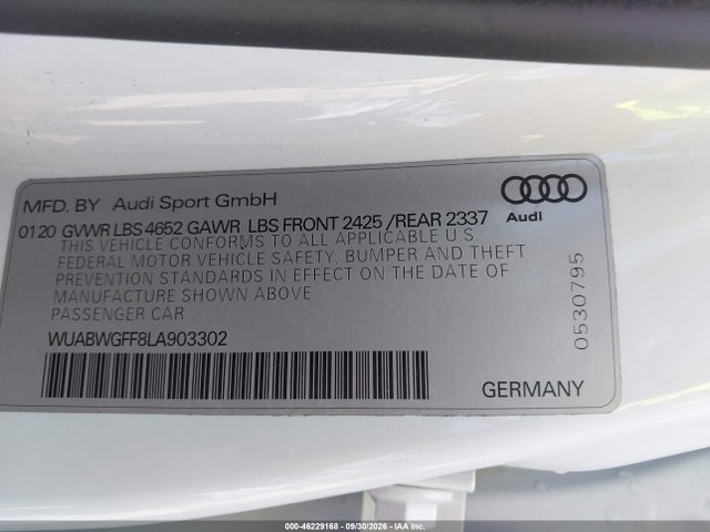 Aukcja sprzedaży 2020 Audi Rs 3 Tfsi Quattro S Tronic, vin: WUABWGFF8LA903302, numer aukcji: 46229168