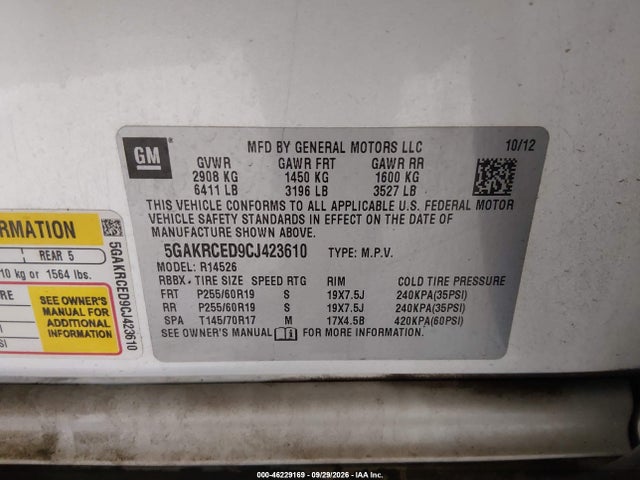 2012 Buick Enclave Leather მანქანა იყიდება აუქციონზე, vin: 5GAKRCED9CJ423610, აუქციონის ნომერი: 46229169