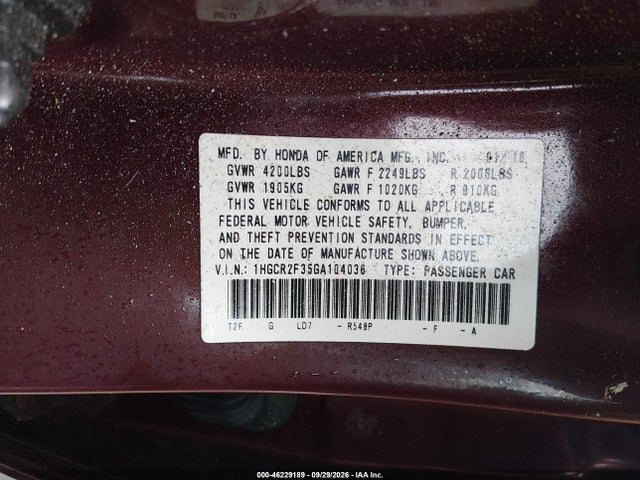 2016 Honda Accord Lx მანქანა იყიდება აუქციონზე, vin: 1HGCR2F35GA104036, აუქციონის ნომერი: 46229189