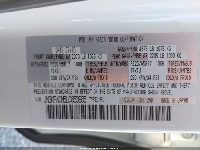Auction sale of the 2020 Mazda Cx-5 Touring, vin: JM3KFACM5L0853985, lot number: 46229227