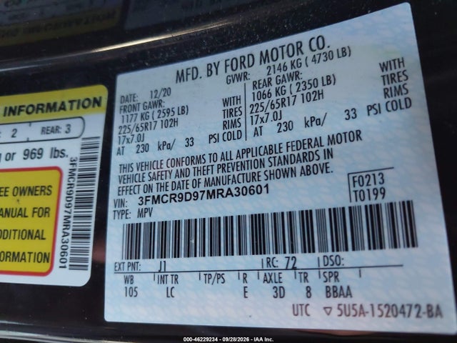 46229234 :رقم المزاد ، 3FMCR9D97MRA30601 vin ، 2021 Ford Bronco Sport Badlands مزاد بيع