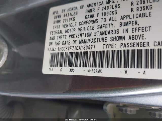 Aukcja sprzedaży 2012 Honda Accord 2.4 Ex, vin: 1HGCP2F71CA183627, numer aukcji: 46229237