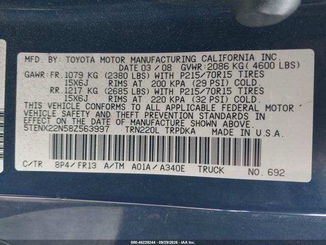 Auction sale of the 2008 Toyota Tacoma, vin: 5TENX22N58Z563997, lot number: 46229244
