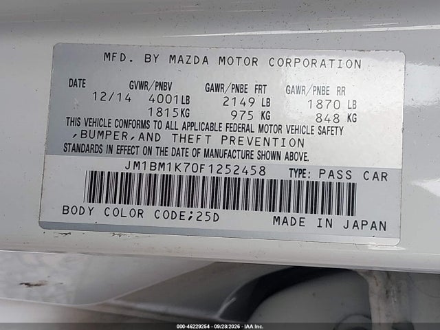 2015 Mazda Mazda3 I Sport მანქანა იყიდება აუქციონზე, vin: JM1BM1K70F1252458, აუქციონის ნომერი: 46229254