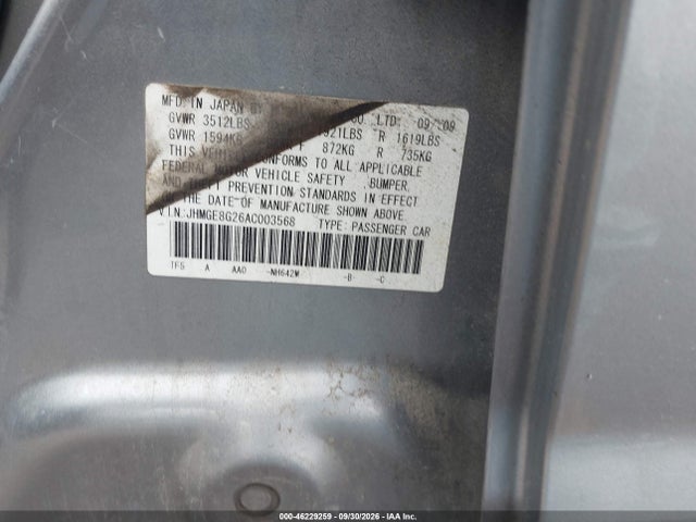 2010 Honda Fit მანქანა იყიდება აუქციონზე, vin: JHMGE8G26AC003568, აუქციონის ნომერი: 46229259
