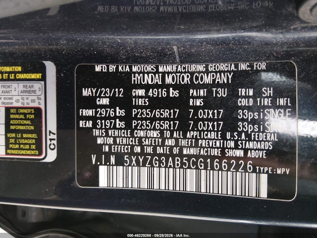 46229268 :رقم المزاد ، 5XYZG3AB5CG166226 vin ، 2012 Hyundai Santa Fe Gls مزاد بيع