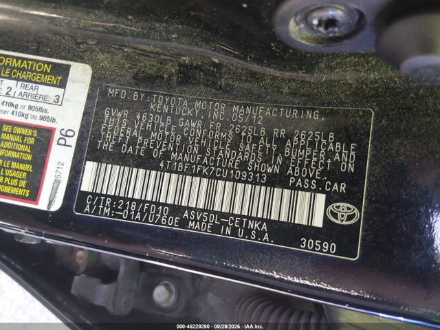 Aukcja sprzedaży 2012 Toyota Camry Le, vin: 4T1BF1FK7CU109313, numer aukcji: 46229290