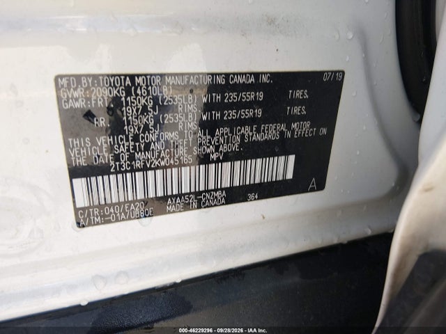 2019 Toyota Rav4 Xle Premium მანქანა იყიდება აუქციონზე, vin: 2T3C1RFV2KW045165, აუქციონის ნომერი: 46229296