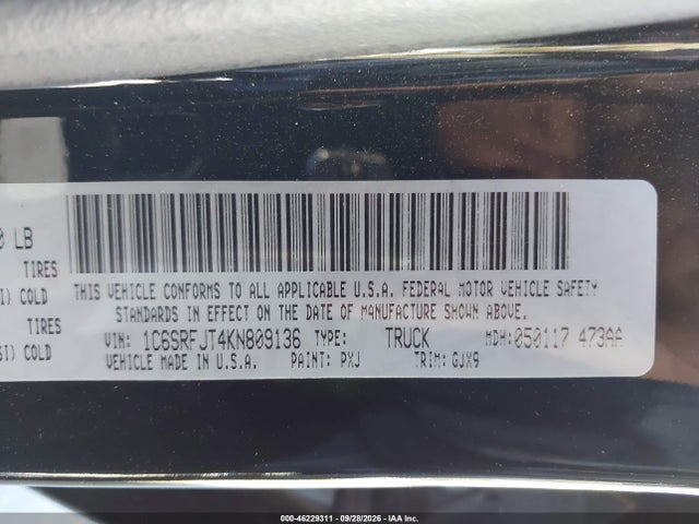 Продаж на аукціоні авто 2019 Ram 1500 Laramie  4x4 5'7 Box, vin: 1C6SRFJT4KN809136, номер лоту: 46229311