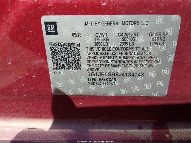 Aukcja sprzedaży 2018 Chevrolet Sonic Premier Auto, vin: 1G1JF5SB8J4134143, numer aukcji: 46229322