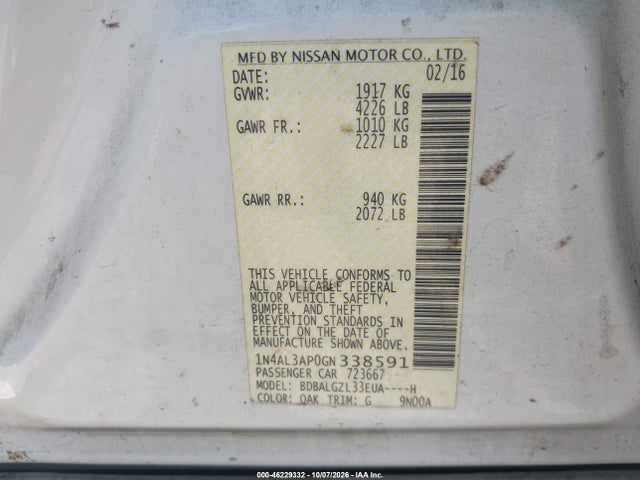 Aukcja sprzedaży 2016 Nissan Altima 2.5 S, vin: 1N4AL3AP0GN338591, numer aukcji: 46229332