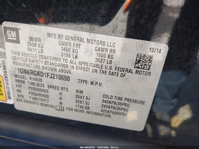 Chevrolet Traverse 1lt 2015 1GNKRGKD1FJ210690 Image 9