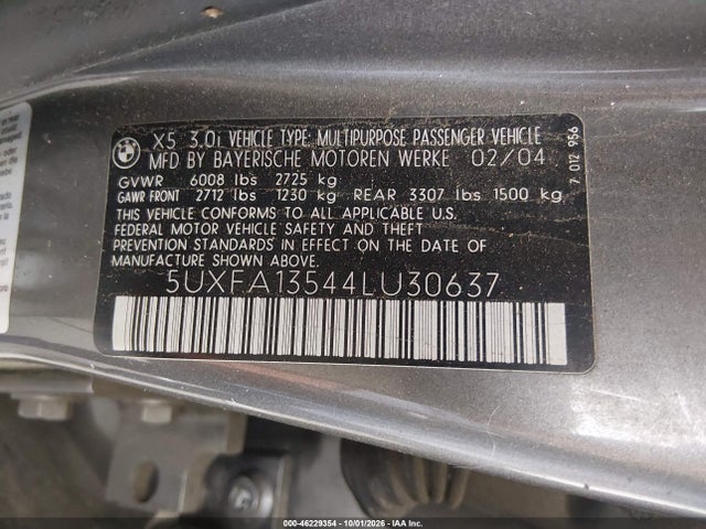 Продажа на аукционе авто 2004 Bmw X5 3.0i, vin: 5UXFA13544LU30637, номер лота: 46229354