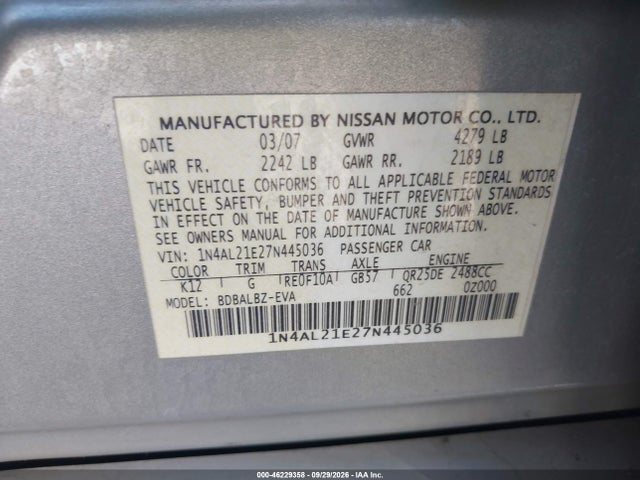 2007 Nissan Altima 2.5 S მანქანა იყიდება აუქციონზე, vin: 1N4AL21E27N445036, აუქციონის ნომერი: 46229358