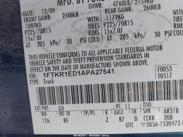 Продажа на аукционе авто 2010 Ford Ranger Xl/xlt, vin: 1FTKR1ED1APA27541, номер лота: 46229371