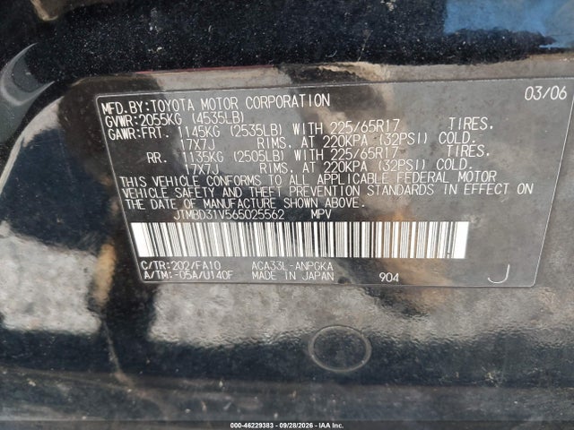 Aukcja sprzedaży 2006 Toyota Rav4 Limited, vin: JTMBD31V565025562, numer aukcji: 46229383