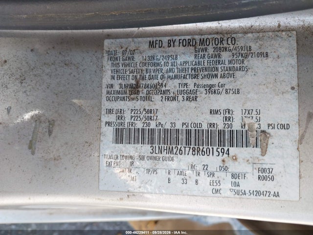 46229411 :رقم المزاد ، 3LNHM26T78R601594 vin ، 2008 Lincoln Mkz مزاد بيع