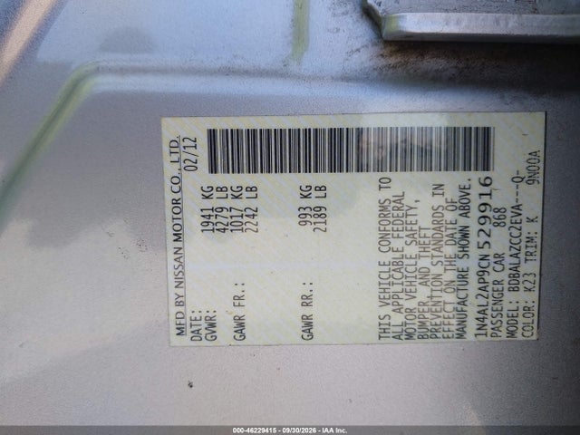 46229415 :رقم المزاد ، 1N4AL2AP9CN529916 vin ، 2012 Nissan Altima 2.5 مزاد بيع