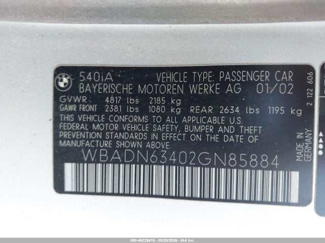 2002 Bmw 540ia მანქანა იყიდება აუქციონზე, vin: WBADN63402GN85884, აუქციონის ნომერი: 46229418
