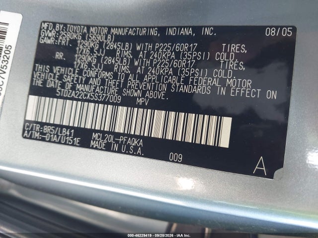 Aukcja sprzedaży 2005 Toyota Sienna Xle Limited, vin: 5TDZA22CX5S377009, numer aukcji: 46229419