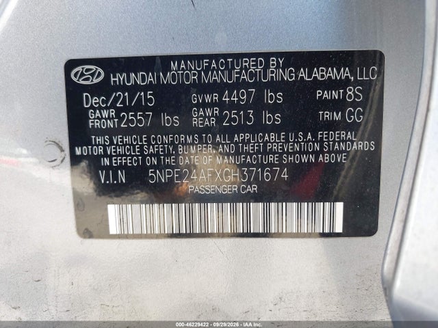 Продажа на аукционе авто 2016 Hyundai Sonata Se, vin: 5NPE24AFXGH371674, номер лота: 46229422