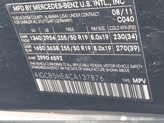 46229438 :رقم المزاد ، 4JGCB5HE4CA137876 vin ، 2012 Mercedes-benz R 350 4matic مزاد بيع