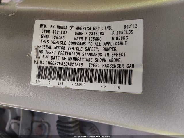 2013 Honda Accord Ex-l მანქანა იყიდება აუქციონზე, vin: 1HGCR2F82DA021879, აუქციონის ნომერი: 46229453