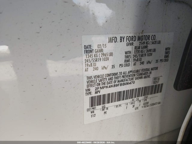 46229465 :رقم المزاد ، 2FMPK4K89FBB06470 vin ، 2015 Ford Edge Titanium مزاد بيع