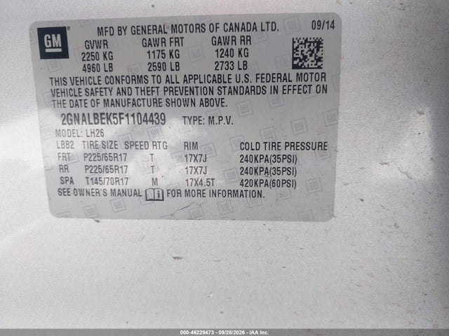 Aukcja sprzedaży 2015 Chevrolet Equinox 1lt, vin: 2GNALBEK5F1104439, numer aukcji: 46229473