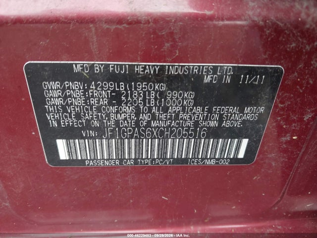 2012 Subaru Impreza 2.0i Sport Limited მანქანა იყიდება აუქციონზე, vin: JF1GPAS6XCH205516, აუქციონის ნომერი: 46229483