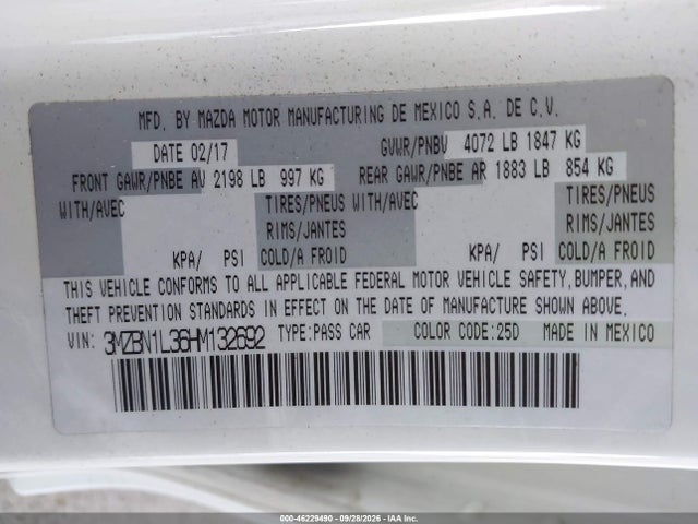 3MZBN1L36HM132692 Mazda Mazda3 Touring 2.5