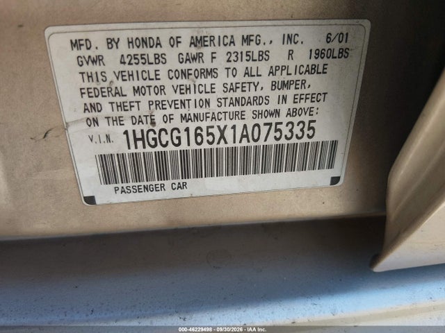 Продаж на аукціоні авто 2001 Honda Accord 3.0 Ex, vin: 1HGCG165X1A075335, номер лоту: 46229498
