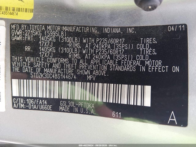 Продажа на аукционе авто 2011 Toyota Sienna Base V6, vin: 5TDZK3DC4BS144674, номер лота: 46229524