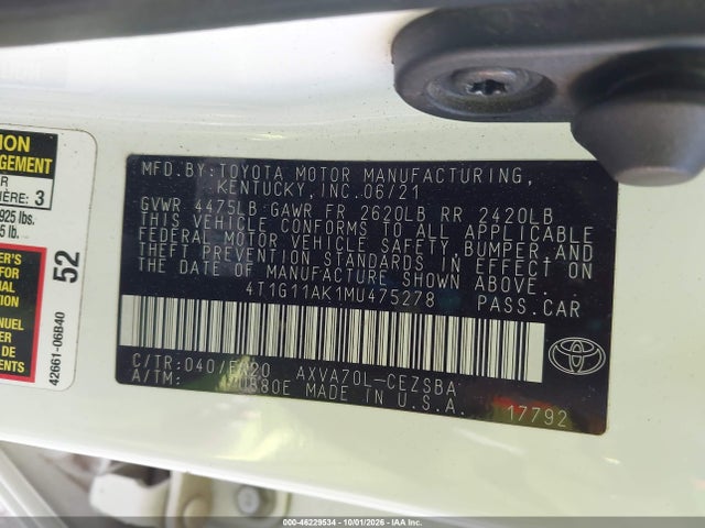 46229534 :رقم المزاد ، 4T1G11AK1MU475278 vin ، 2021 Toyota Camry Se مزاد بيع