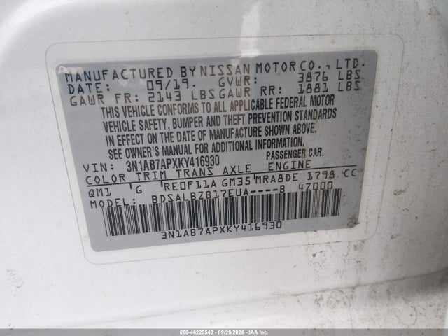 Продажа на аукционе авто 2019 Nissan Sentra S, vin: 3N1AB7APXKY416930, номер лота: 46229542