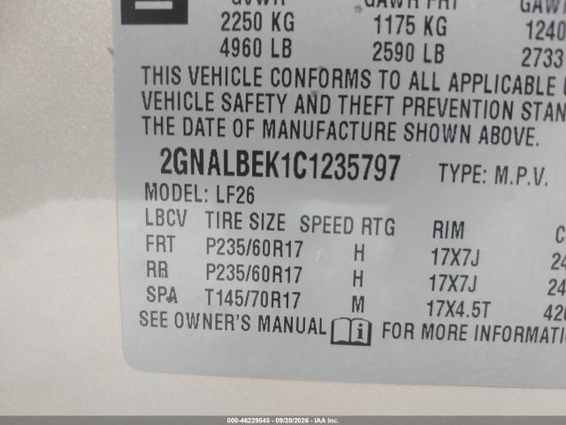 46229545 :رقم المزاد ، 2GNALBEK1C1235797 vin ، 2012 Chevrolet Equinox Ls مزاد بيع